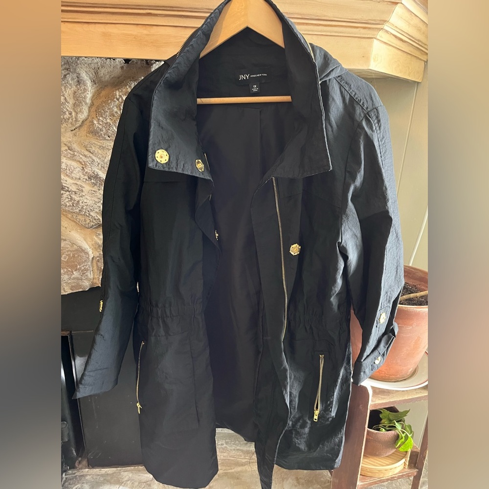 Jones New York Black Trench Coat with Gold Accents
